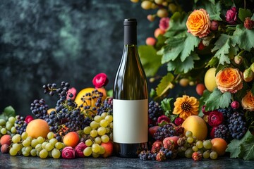 Autumn Harvest Wine Bottle Mockup with Grapes Fruit Flowers