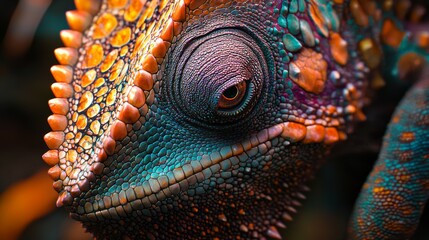 Detailed Close-Up of a Colorful Chameleon Changing Its Color