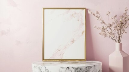 Mockup,frame,placed,pink,room,gold,accents,marble,stand,set,geometric,pastel,shapes.