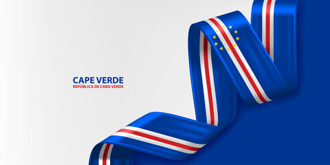 Cape Verde 3D ribbon flag. Bent waving 3D flag in colors of the Cape Verde national flag. National flag background design.