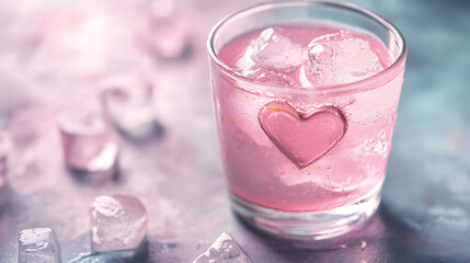Frozen Love: Pink Water and Heart-Shaped Ice Cubes in a Cool Refreshing Scene