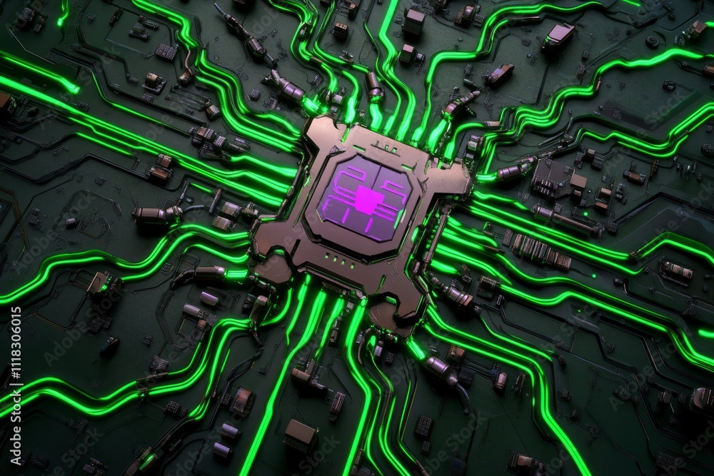 Poster a cyberpunk-themed depiction of a cpu glowing neon purple and green, integrated into a futuristic ci