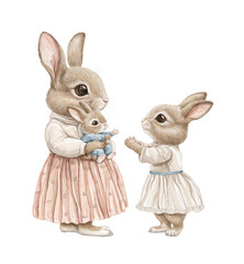Obraz premium Watercolor vintage cute bunny rabbit mom mother in dress with little babies bunny hare isolated on white background. Hand drawn illustration sketch