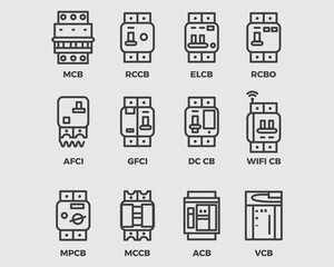 type of electrical circuit breaker outline icon symbol vector collection isoleated on background.mcb switchboard pictogram design