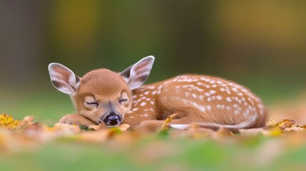 Sweet Dreams, Little Fawn: A heartwarming image of a white-tailed fawn nestled amongst autumn leaves, fast asleep in the tranquil embrace of nature.  