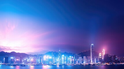 Vibrant Cityscape Skyline of Hong Kong at Night with Colorful Lights
