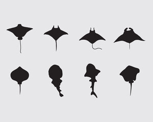 type of various rays fish silhouette.marine life ray vector illustration collection siolated on background