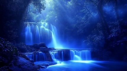 Serene Waterfall Cascading Through a Mystical Blue Forest