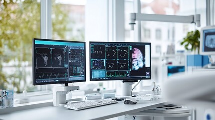 Naklejka premium Medical workspace with dual monitors displaying diagnostic images.