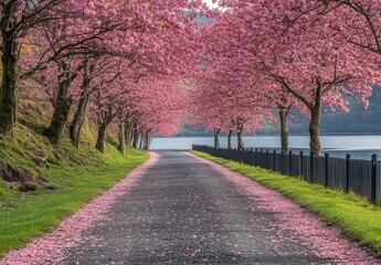 Naklejka premium Serene Pathway Lined With Blossoming Cherry Trees Under a Pink Canopy Near a Tranquil Lake on a Beautiful Spring Day, Inviting Peaceful Walks and Reflection