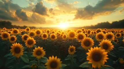 Fototapeta premium Sun setting over a vast field of sunflowers.