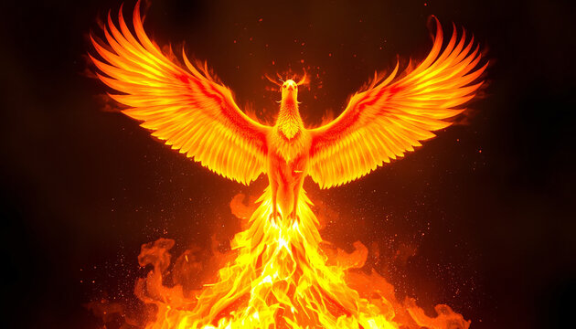 A magnificent phoenix emerging from a burst of vibrant fiery flames