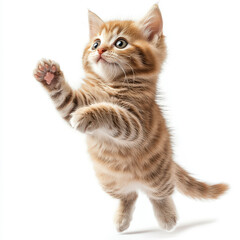 Obraz premium Cute playful orange tabby kitten jumping in playful mood with bright fur and expressive eyes isolated on white background