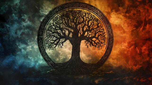 Tree of life, yggdrasil, futhark runes circle, norse mythology, viking, celtic, vintage colored background. Runes. Illustration