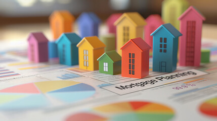 Colorful houses on mortgage planning charts and graphs
