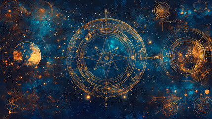 Vintage style magical runes astrological background features universe symbols, constellation, galaxy, wall art, wallpaper, tapestry. Runes. Illustration