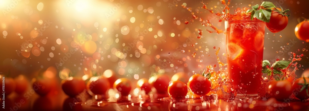 Poster a glass of tomato juice splashes surrounded by floating tomatoes on a bokeh background. concept of f
