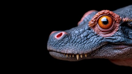 Close-up of a Juvenile Caiman: A mesmerizing portrait of a young caiman, its vibrant orange eyes piercing the darkness.