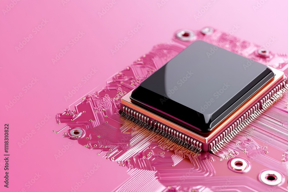Poster a minimalist illustration of a cpu placed on a clean, geometric circuit board, with sleek lines and 