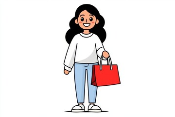 A minimalist illustration of a smiling customer holding a shopping bag, drawn in clean black lines on a white background