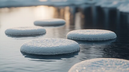Frozen stepping stones in calm water at sunset.