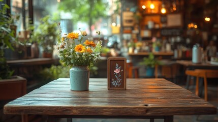Rustic table with flowers and menu in cafe.