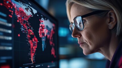 The image shows a focused analyst intently studying a digital map filled with data, highlighting the importance of analysis in understanding global trends and insights.