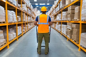 A photo of a customer filling up a cart in a warehouse store, with shelves stocked high with bulk items