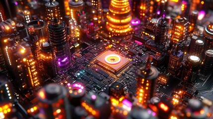 Futuristic city built on a circuit board, with glowing neon lights and a central processor chip.