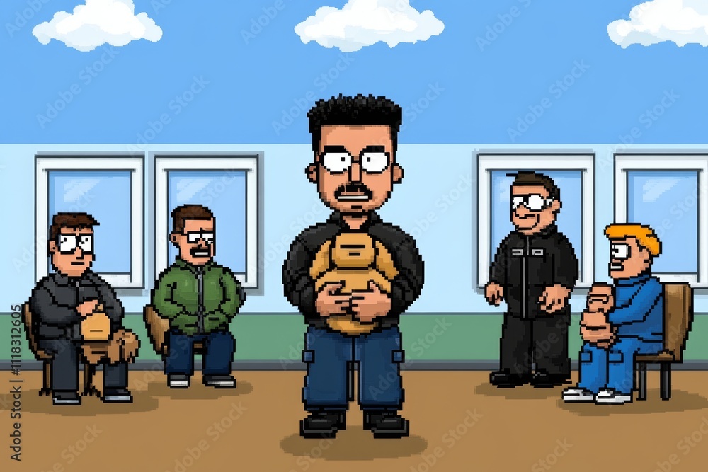 Poster A pixel art CPR training session, with tiny characters practicing on pixelated dummies in a retro-style classroom