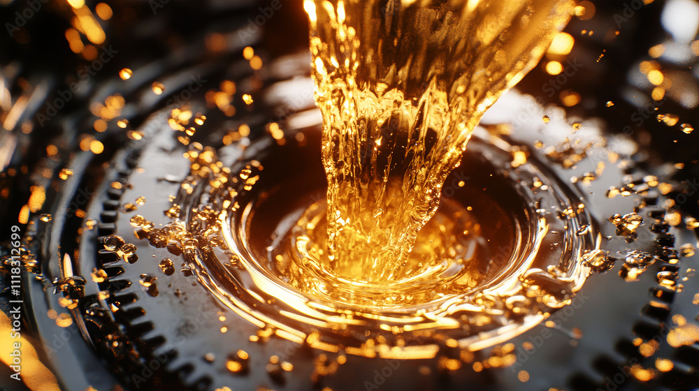 Poster golden oil splashes dynamically from an engine gear, highlighting intricate mechanics in hyperrealis