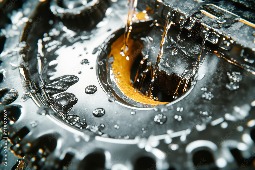 Poster close-up of oil splashes on a shiny gear showcasing intricate details and mechanisms in a rusticcore