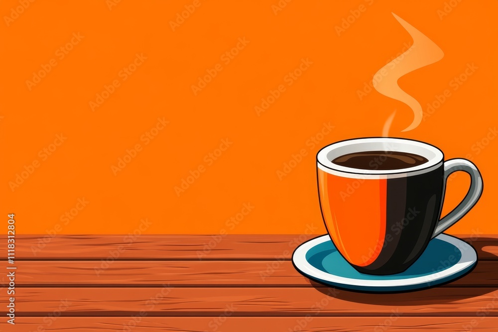 Aufkleber a pixel art depiction of a coffee cup with animated steam curls rising, set on a retro-style table w