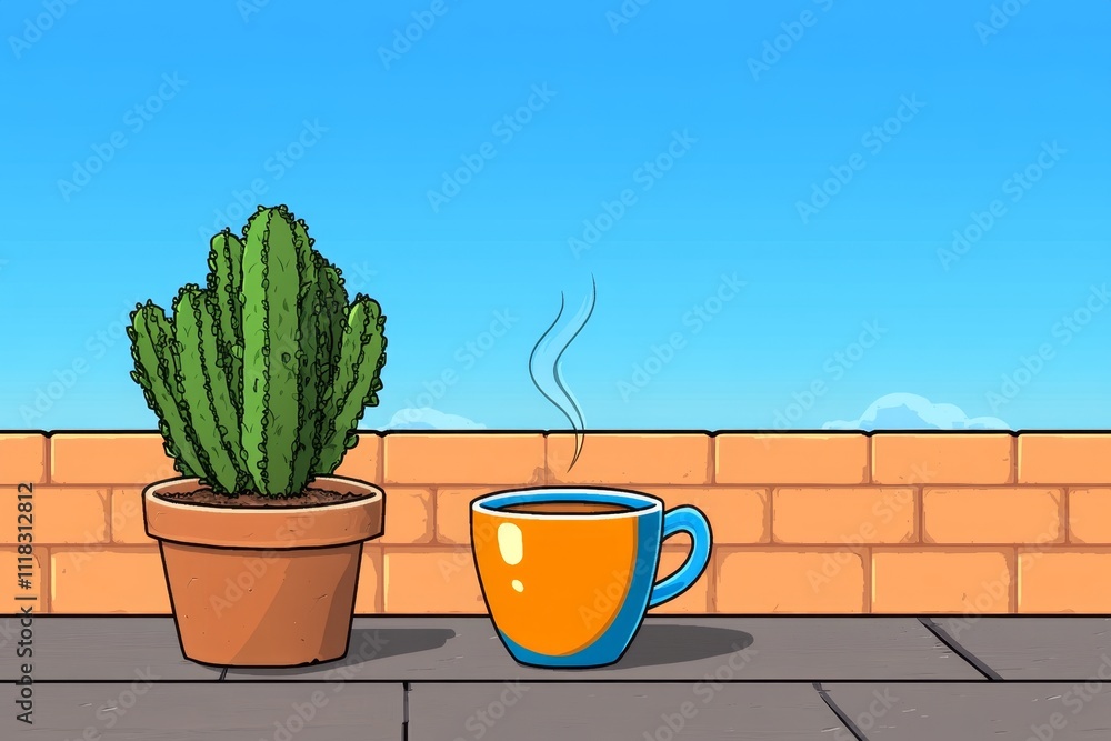 Poster A pixel art depiction of a coffee cup with animated steam curls rising, set on a retro-style table with a simple backdrop