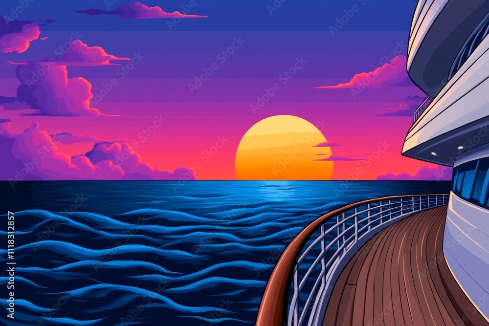 Poster a pixel art depiction of a cruise ship at sunset, with animated waves and passengers enjoying the de