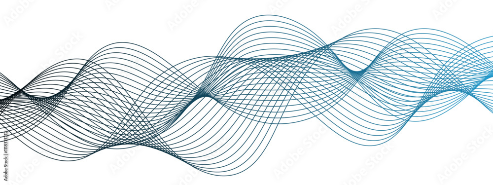 Poster Horizontal Blue wave on white background. Abstract wavy lines. Futuristic tech background with Curved wavy line. Creative wavy stripes line art.  Modern stream wave & round line design