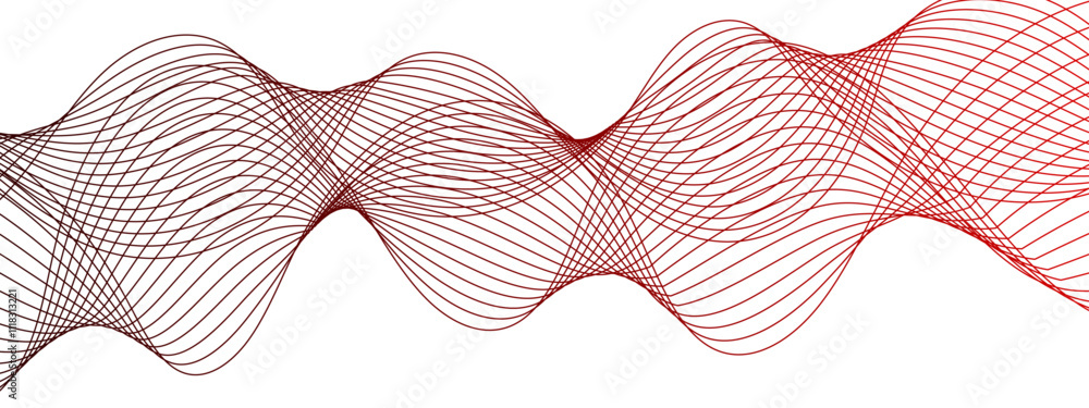 Poster Horizontal Red wave on white background. Abstract wavy lines. Futuristic tech background with Curved wavy line. Creative wavy stripes line art.  Modern stream wave & round line design