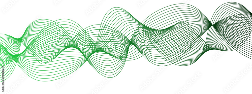 Poster Horizontal green wave on white background. Abstract wavy lines. Futuristic tech background with Curved wavy line. Creative wavy stripes line art.  Modern stream wave & round line design