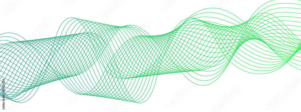 Poster Horizontal green wave on white background. Abstract wavy lines. Futuristic tech background with Curved wavy line. Creative wavy stripes line art.  Modern stream wave & round line design