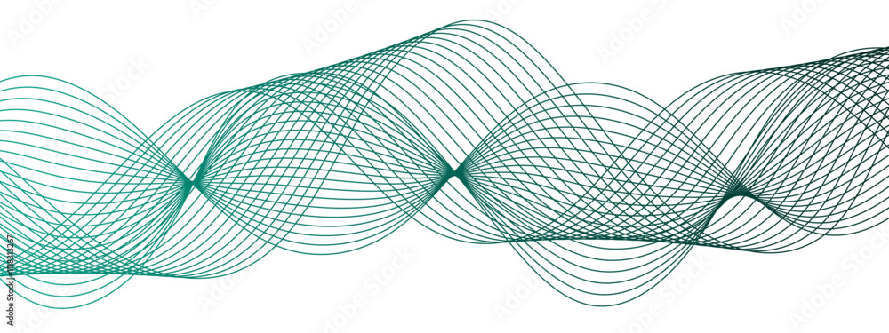 Poster Horizontal green wave on white background. Abstract wavy lines. Futuristic tech background with Curved wavy line. Creative wavy stripes line art.  Modern stream wave & round line design