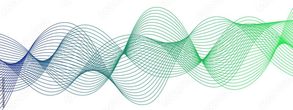 Poster Horizontal green wave on white background. Abstract wavy lines. Futuristic tech background with Curved wavy line. Creative wavy stripes line art.  Modern stream wave & round line design