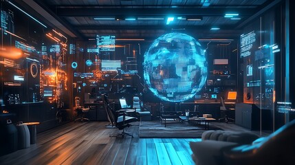 Naklejka premium Futuristic office interior with holographic globe and digital interfaces.