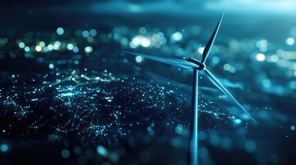 Futuristic Wind Turbine Over Cityscape at Night with Digital Effects