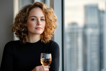 celebrating independence, confident woman celebrates singles awareness day by a window with sunlight, wine, and a city skyline in view
