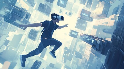 Man in VR headset leaps through futuristic digital landscape.