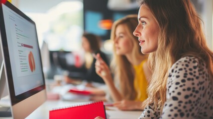 Focused businesswoman analyzing financial data, using charts and graphs displayed on computer screens in modern office Financial analyst working