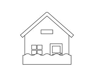 災害に遭う一軒家のイラスト　モノクロ線画の家アイコン