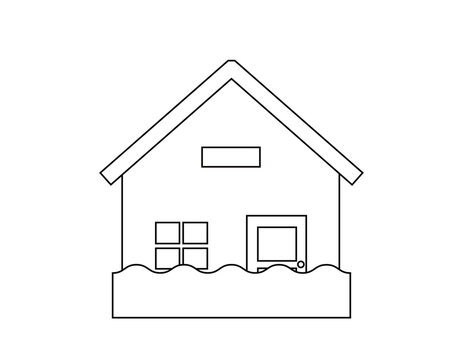 recommend clip art: 災害に遭う一軒家のイラスト　モノクロ線画の家アイコン