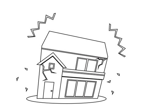 recommend clip art: 災害に遭う一軒家のイラスト　モノクロ線画の家アイコン