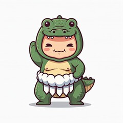 Obraz premium A chibi sumo wrestler dressed as a crocodile, with tiny teeth and a cheerful smile. The wrestler is in a playful sumo stance, drawn in a cute sticker style with a white background. 
